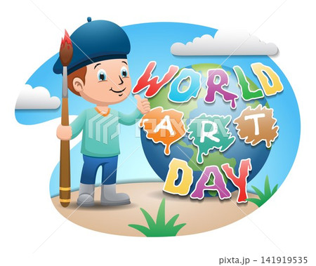 Cartoon boy artist holding big brush in world art day with globe earth on blue sky background Cartoon boy artist holding big brush in world art day with globe earth on blue sky background 141919535