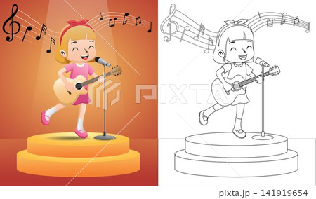 Vector illustration of a little girl singing while playing guitar on stage Vector illustration of a little girl singing while playing guitar on stage 141919654
