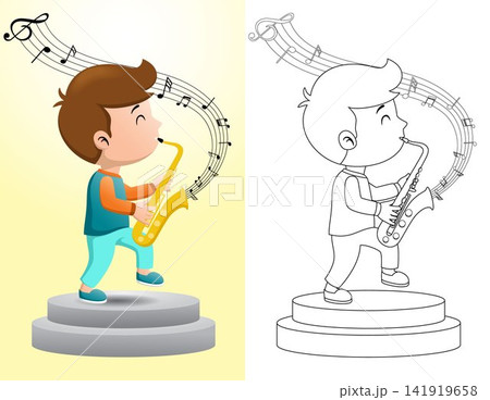 Cartoon boy playing saxophone on stage. Coloring book or page 141919658