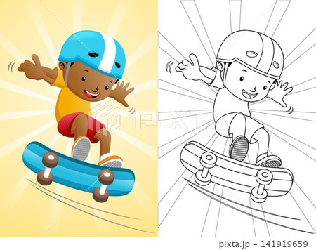 Cartoon boy playing skateboard. Coloring book or page Cartoon boy playing skateboard. Coloring book or page 141919659