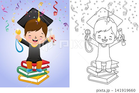 Cartoon boy in graduation costume sitting on book stack while holding medal and diploma 141919660
