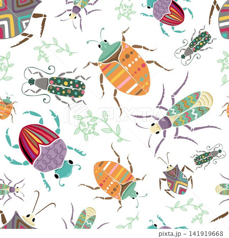 Seamless pattern vector of hand drawn beetles and leaves with colorful ornaments Seamless pattern vector of hand drawn beetles and leaves with colorful ornaments 141919668