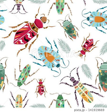 Seamless pattern vector of hand drawn beetles and leaves with colorful ornaments Seamless pattern vector of hand drawn beetles and leaves with colorful ornaments 141919669