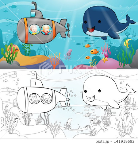 Cartoon of kids in submarine with cute whale undersea, marine life elements. Coloring book or page 141919682