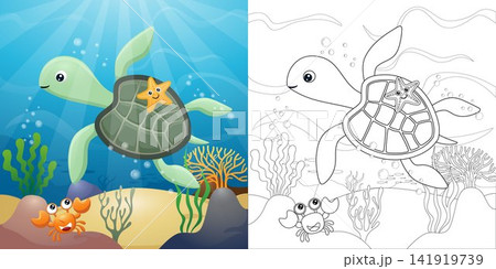 Cartoon of turtle with starfish and crab underwater, coloring book or page 141919739