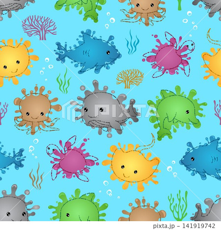 Seamless pattern of marine animals cartoon with colorful water splash 141919742