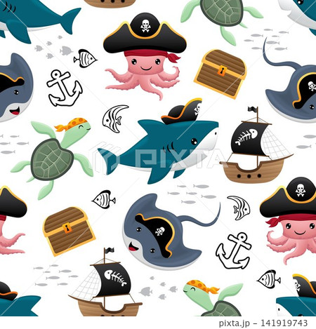 Seamless pattern with funny marine animals pirate, pirate sailing elements Seamless pattern with funny marine animals pirate, pirate sailing elements 141919743