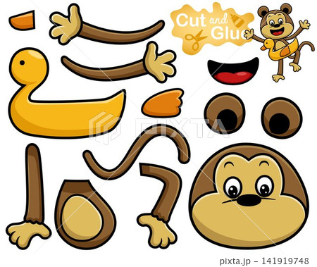 Vector illustration of cartoon monkey with duck swim ring. Cutout and gluing Vector illustration of cartoon monkey with duck swim ring. Cutout and gluing 141919748