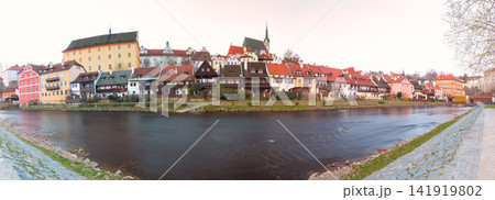 Cesky Krumlov Historic Riverside Panorama with Traditional Houses, Czech Republic Cesky Krumlov Historic Riverside Panorama with Traditional Houses, Czech Republic 141919802
