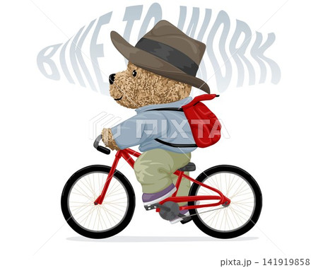 Vector illustration of teddy bear cycling wearing cowboy hat carrying backpack Vector illustration of teddy bear cycling wearing cowboy hat carrying backpack 141919858