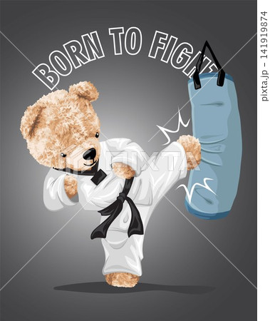 Hand drawn vector illustration of bear doll wearing karate costume kicking punching bag Hand drawn vector illustration of bear doll wearing karate costume kicking punching bag 141919874