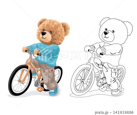 Hand drawn vector illustration of teddy bear with bicycle. Coloring book or page 141919886