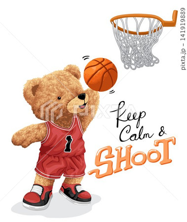 Hand drawn vector illustration of teddy bear playing basketball 141919889