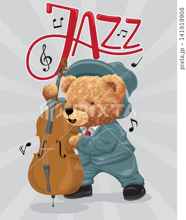 Hand drawn vector illustration of teddy bear playing double bass in jazz music show Hand drawn vector illustration of teddy bear playing double bass in jazz music show 141919908