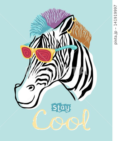 Hand drawn cool zebra cartoon with hair and colorful glasses Hand drawn cool zebra cartoon with hair and colorful glasses 141919997