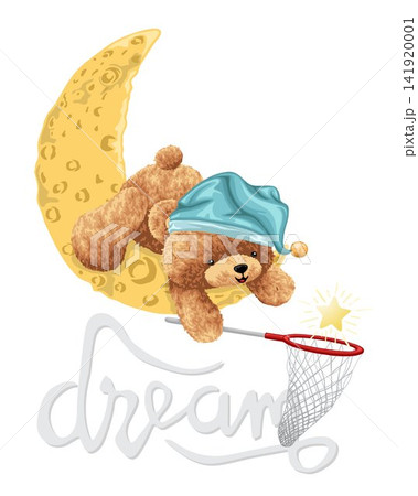 Hand drawn bear cartoon wearing sleeping hat on crescent moon catch golden star with fishing net Hand drawn bear cartoon wearing sleeping hat on crescent moon catch golden star with fishing net 141920001