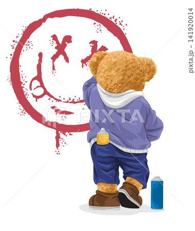 Hand drawn vector illustration of teddy bear painting smile symbol in wall with spray paint Hand drawn vector illustration of teddy bear painting smile symbol in wall with spray paint 141920014