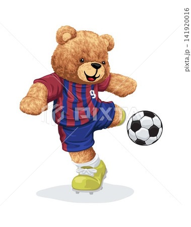Hand drawn vector illustration of teddy bear kicking soccer ball Hand drawn vector illustration of teddy bear kicking soccer ball 141920016