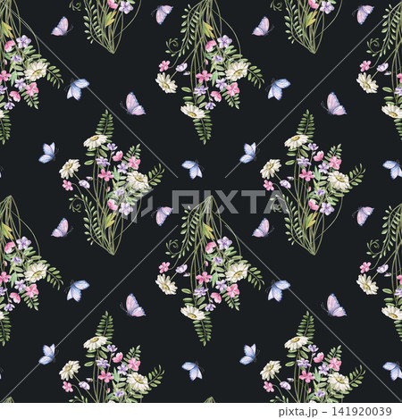 A watercolor pattern featuring bouquets of wildflowers and butterflies on a dark background. Perfect for fabric design, packaging, cards, home decor prints, and fashion blogs. 141920039