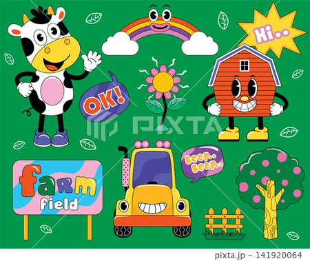 Hand drawn trendy cartoon illustration with farming elements 141920064