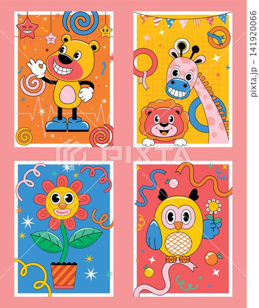 hand drawn trendy cartoon element illustration with funny animals and flower hand drawn trendy cartoon element illustration with funny animals and flower 141920066