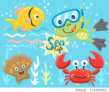 Set of hand drawn funny marine animals cartoon with cute frog wearing diving goggles Set of hand drawn funny marine animals cartoon with cute frog wearing diving goggles 141920068
