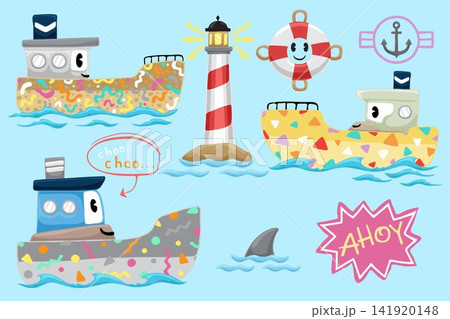 Set of hand drawn funny boats with colorful ornaments, sailing elements vector illustration Set of hand drawn funny boats with colorful ornaments, sailing elements vector illustration 141920148