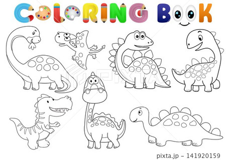 Coloring book with group of funny dinosaurs cartoon Coloring book with group of funny dinosaurs cartoon 141920159