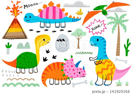 Doodle dinosaurs hand drawn vector illustration with the elements 141920168