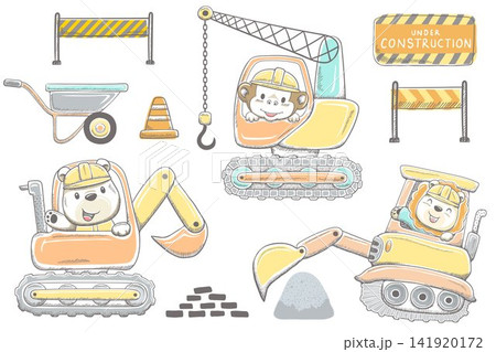 Vector illustration of hand drawn animals cartoon on construction vehicles, set of construction signs Vector illustration of hand drawn animals cartoon on construction vehicles, set of construction signs 141920172
