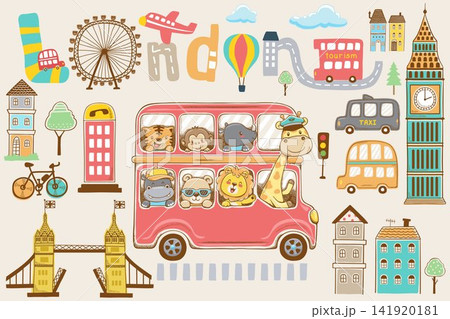 Vector illustration of hand drawn funny animals cartoon on red bus with London city doodles elements Vector illustration of hand drawn funny animals cartoon on red bus with London city doodles elements 141920181