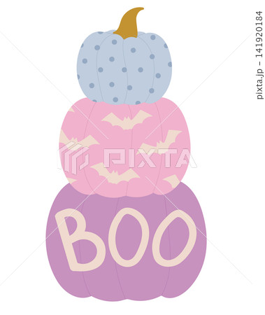 Stacked pastel Halloween pumpkins featuring bats, polka dots, and a BOO sign Stacked pastel Halloween pumpkins featuring bats, polka dots, and a BOO sign 141920184
