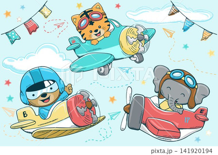 Vector illustration of hand drawn airplane cartoon with funny animals pilot Vector illustration of hand drawn airplane cartoon with funny animals pilot 141920194