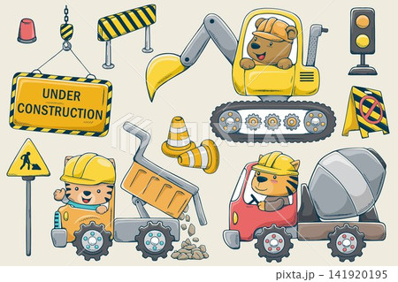 Vector illustration of hand drawn construction elements cartoon with funny animals driver Vector illustration of hand drawn construction elements cartoon with funny animals driver 141920195