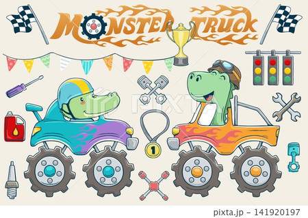 Vector illustration of hand drawn monster truck cartoon with funny dinosaurs driver, car racing elements illustration Vector illustration of hand drawn monster truck cartoon with funny dinosaurs driver, car racing elements illustration 141920197