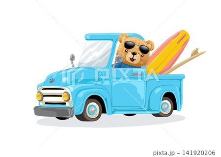 Vector illustration of hand drawn teddy bear cartoon driving truck carrying surfboards 141920206
