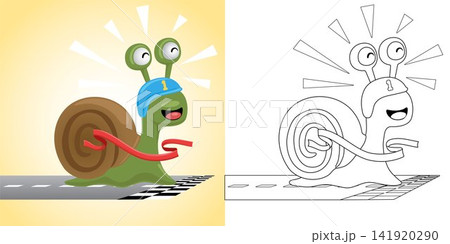 Vector illustration of cartoon funny snail winning racing run. Coloring book or page for kids Vector illustration of cartoon funny snail winning racing run. Coloring book or page for kids 141920290
