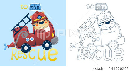 Vector illustration of cartoon funny cat driving firetruck. Coloring book or page for kids Vector illustration of cartoon funny cat driving firetruck. Coloring book or page for kids 141920295