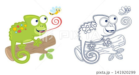 Vector illustration of cartoon cute chameleon on tree trunk hunting dragonfly. Coloring book or page Vector illustration of cartoon cute chameleon on tree trunk hunting dragonfly. Coloring book or page 141920299