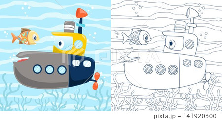 Vector illustration of cartoon funny submarine with fish undersea. Coloring book or page for kids 141920300
