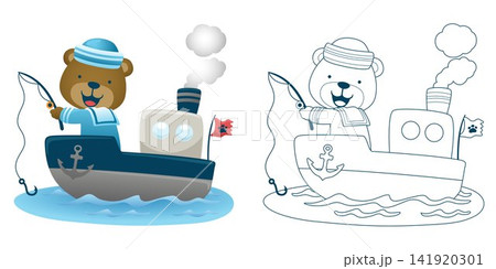 Vector illustration of cartoon bear in sailor costume fishing on ship. Coloring book or page 141920301