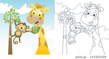 Vector illustration of cartoon giraffe with monkey on tree. Coloring book or page for kids Vector illustration of cartoon giraffe with monkey on tree. Coloring book or page for kids 141920309