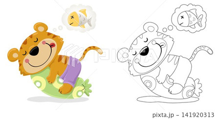 Vector illustration of cartoon cat sleeping on bolster pillow dreaming fish. Coloring book or page Vector illustration of cartoon cat sleeping on bolster pillow dreaming fish. Coloring book or page 141920313