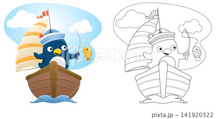 Vector illustration of cartoon cute penguin sailor fishing on sailboat. Coloring book or pag Vector illustration of cartoon cute penguin sailor fishing on sailboat. Coloring book or pag 141920322