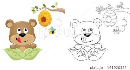 Cartoon cute bear hiding in leaf with bee and beehive hang on tree branches. Coloring book or page Cartoon cute bear hiding in leaf with bee and beehive hang on tree branches. Coloring book or page 141920325