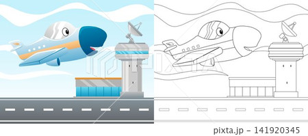 Vector illustration of cartoon funny airplane in airport. Coloring book or page for kids Vector illustration of cartoon funny airplane in airport. Coloring book or page for kids 141920345
