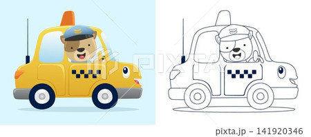 Vector illustration of cartoon funny cat driving taxi. Coloring book or page for kids 141920346