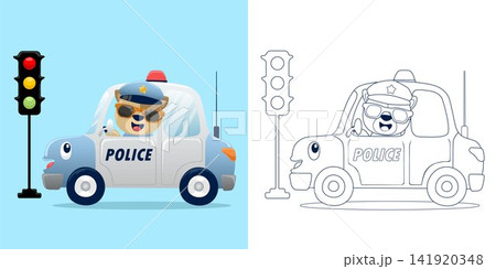 Vector illustration of cartoon cute cat on police car with stoplight. Coloring book or page Vector illustration of cartoon cute cat on police car with stoplight. Coloring book or page 141920348