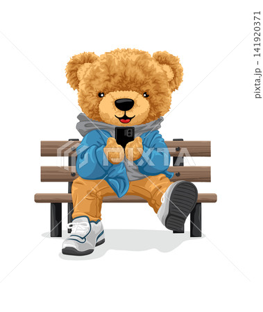 Vector cartoon illustration, cute teddy bear sitting on bench while holding smartphone 141920371