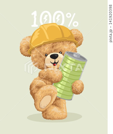 Vector illustration of cute teddy bear with worker helmet holding full battery charged Vector illustration of cute teddy bear with worker helmet holding full battery charged 141920398